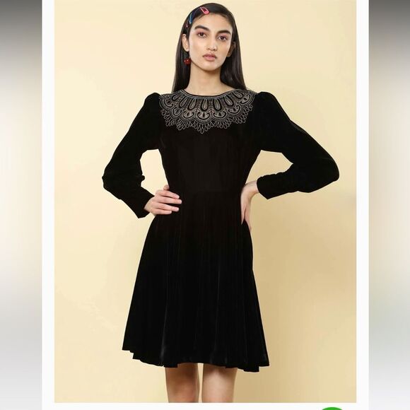 LABEL RITU KUMAR Caroline Flared Dress with Embroidered Yoke in Black M NWT - Picture 3 of 16